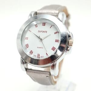 Vintage Dufonte Silver Tone Mens Watch 42mm Roman Dial Leather Strap New Battery